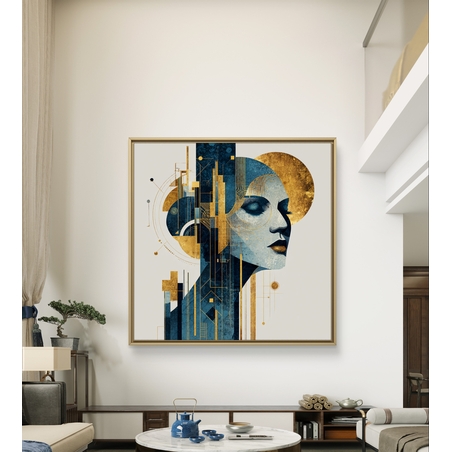 תמונת קנבס דיוקן נשי בסגנון ארט דקו עם כחול עמוק וזהב וקווים גיאומטריים