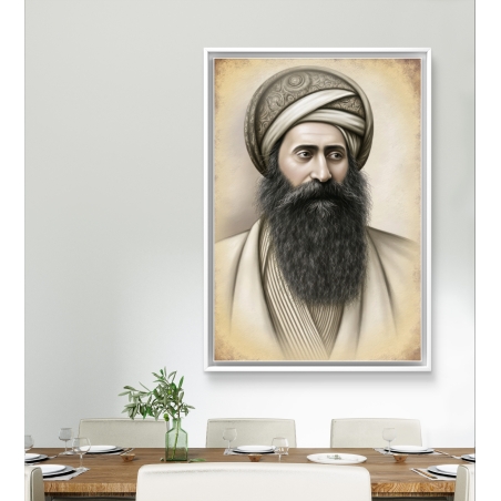 תמונת קנבס של הבן איש חי בלבוש מסורתי, על רקע בהיר, מבט עמוק ופניו מלאות הוד – עיצוב מרגש עם נוכחות רוחנית לבית.