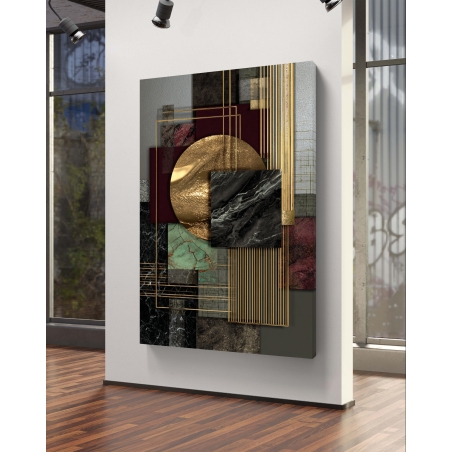 תמונת קנבס לאורך בעיצוב גיאומטרי יוקרתי עם מרקמים עשירים בגווני שחור, ירוק, בורדו וזהב