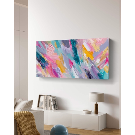 תמונת קנבס לרוחב בסגנון אבסטרקט עם מריחות צבע ורודות, טורקיז, סגולות וצהובות – יצירה מודרנית ותוססת לעיצוב הבית.