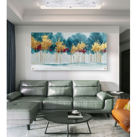 תמונת זכוכית לרוחב עם עצים אבסטרקטיים בגווני טורקיז וזהב, בהדפסה חלקה למראה יוקרתי ומודרני לפינת אוכל או סלון.