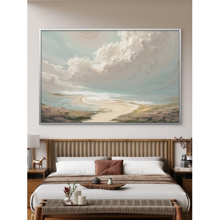 תמונת קנבס של חוף טבעי עם שמיים בתכלת-קרם ועננים מסתחררים – NEXTGEN BY BAR
