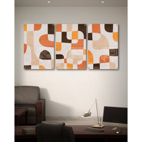 שלישיית תמונות זכוכית לסלון/משרד/פינת אוכל סגנון גיאומטרי גוון כתום דגם - A68002