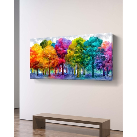 תמונת קנבס לרוחב המציגה יער צבעוני עם עצים בגווני הקשת, בהדפסה חלקה ואיכותית מבית תכשיט לבית.