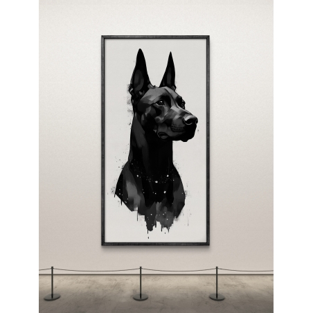 תמונת קנבס לאורך מתוך קולקציית NEXTGEN, המציגה כלב שחור בעיצוב מודרני ואלגנטי עם אפקטים של כתמי צבע וכוכבים.