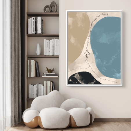 תמונת קנבס מינימליסטית בגווני בז', כחול כהה ושחור עם קווים חופשיים ודקים