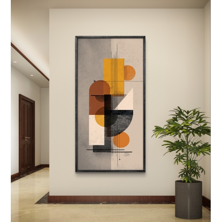 תמונת קנבס לאורך בעיצוב מופשט גאומטרי עם צורות עגולות וקווים בגווני כתום, חום, שחור ובז' – קונסטרוקציית זהב מבית תכשיט לבית