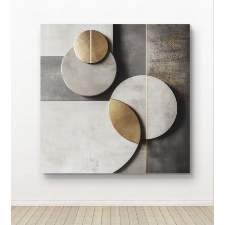 תמונת קנבס גיאומטרית עם עיגולים ותווים מתכתיים בזהב וכסוף, על רקע אפור-שחור מינימליסטי, המעניק עומק ותחכום לחלל בעיצוב מודרני.