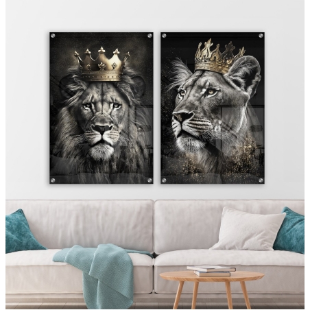 זוג תמונות אריה ולביאה לסלון לחדר השינה או למשרד על קנבס או זכוכית דגם-3030027