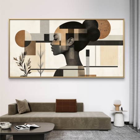 תמונת קנבס לרוחב המציגה פרופיל של אישה בשילוב סגנון גאומטרי וצבעים ניטרליים, מושלמת לעיצוב מודרני ומלא השראה של חלל הבית.