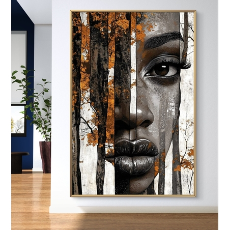 תמונת קנבס המציגה דיוקן אישה המשתלב בגזעי עצים עם עלים כתומים, באיכות גבוהה ועיצוב מודרני לבית.