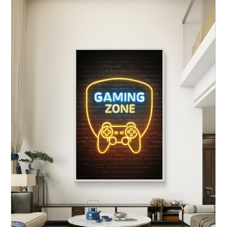 תמונת קנבס עם כיתוב Gaming Zone בעיצוב ניאון ובקר משחק על רקע כהה, מתאימה לחדר גיימינג וחדר נוער