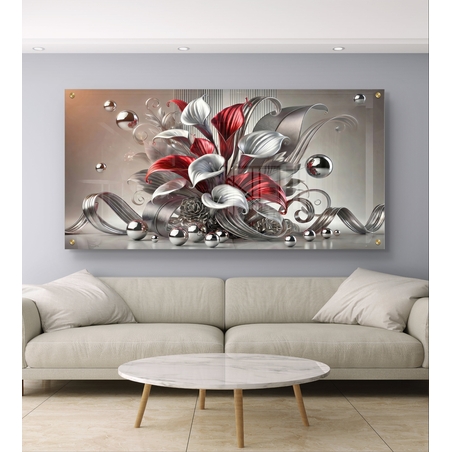 ליליות כרום ארגמן – תמונת זכוכית יוקרתית עם פרחים אדומים־לבנים ואלמנטים כסופים | PN2502