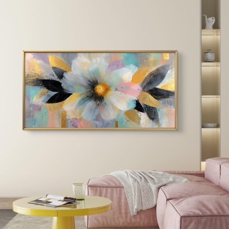 תמונת קנבס לרוחב עם פרח מופשט בצבעי פסטל ונגיעות זהב, עיצוב מודרני יוקרתי לסלון.          Ask ChatGPT