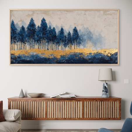 תמונת קנבס של יער עצים כחולים עם נגיעות זהב על רקע בהיר