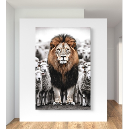 תמונת קנבס מעוצבת המציגה אריה במרכז עדר כבשים, סמל לעוצמה ולמנהיגות, מתאימה לעיצוב חללים מודרניים ובעלי מסר עמוק.