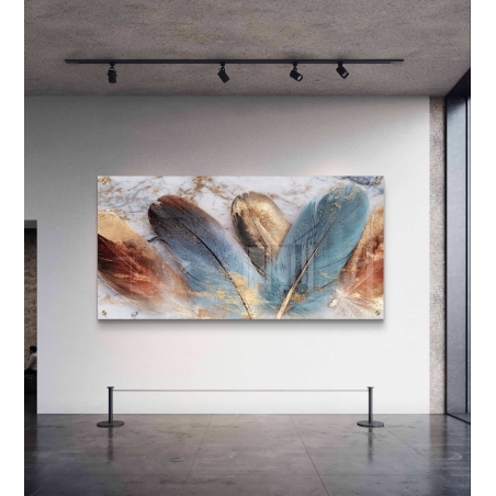 תמונת זכוכית לרוחב עם נוצות בגווני תכלת, נחושת וזהב בעיצוב יוקרתי מבית תכשיט לבית