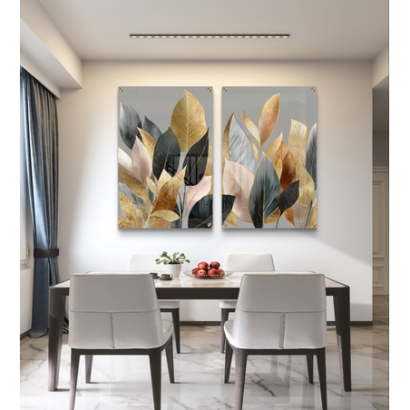 תמונת זכוכית זוגית עם עלים בגווני זהב, שמנת ושחור בעיצוב אלגנטי ומודרני