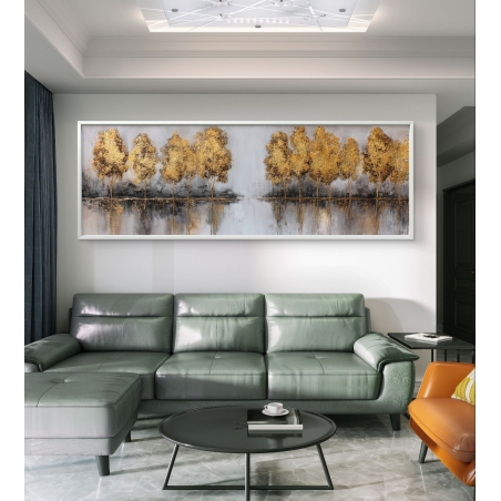 תמונת קנבס פנורמית עם עצים זהובים המשתקפים באגם על רקע אפור עדין מבית תכשיט לבית