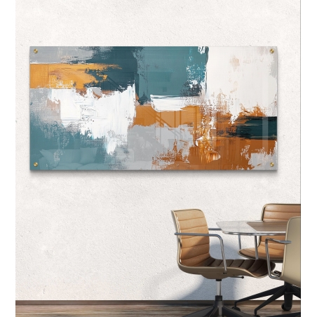 תמונת זכוכית מעוצבת בסגנון מופשט עם שילוב צבעים של כחול, כתום ולבן, המעניקה תחושת עומק והרמוניה לכל חלל מודרני.