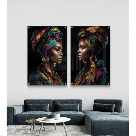 סט תמונות זכוכית זוגי עם דמות נשית בטורבן צבעוני בעיצוב דרמטי ויוקרתי