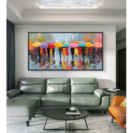 תמונת קנבס לרוחב עם אנשים תחת מטריות צבעוניות בגשם – תכשיט לבית