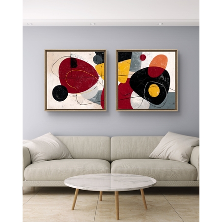 זוג תמונות קנבס מרובעות בסגנון אבסטרקט מודרני בגווני אדום, שחור וצהוב – תכשיט לבית