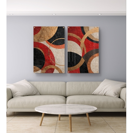 סט תמונות זכוכית זוגי בגווני זהב, אדום, שחור ובז' בעיצוב מעגלי מודרני – תכשיט לבית