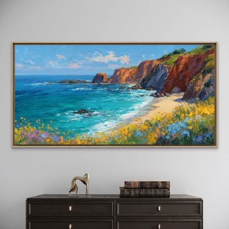 תמונת קנבס של נוף חוף טורקיז עם מצוקים צבעוניים ופריחה – NEXTGEN BY BAR