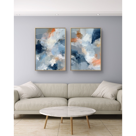 סט תמונות קנבס זוגי בגווני כחול, אפור וכתום בעיצוב אבסטרקטי רך – תכשיט לבית