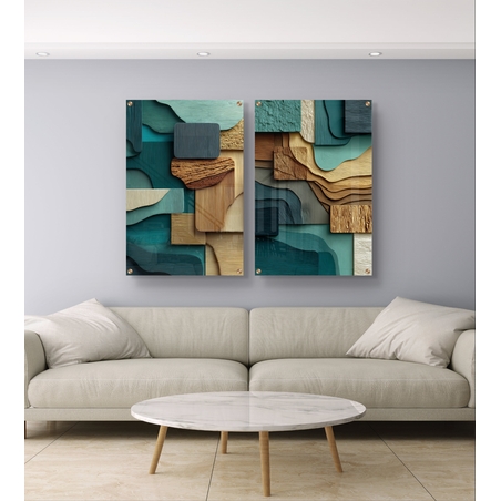 תמונת זכוכית זוגית בעיצוב אבסטרקטי עם שכבות גאומטריות בגווני ירוק, עץ וחומים, מודפסת בהדפסה חלקה ומודרנית