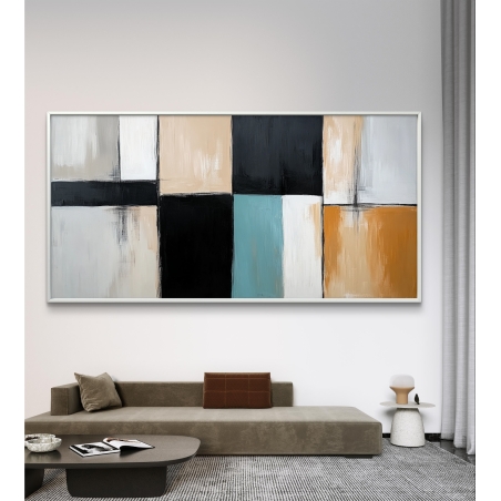 תמונת קנבס לרוחב עם עיצוב גאומטרי מודרני בגווני שחור, לבן, תכלת, בז' וכתום, המוסיפה אלגנטיות לכל חלל.