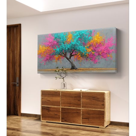 תמונת קנבס לרוחב של עץ צבעוני בגווני טורקיז, ורוד וכתום בעיצוב אומנותי מלא חיים