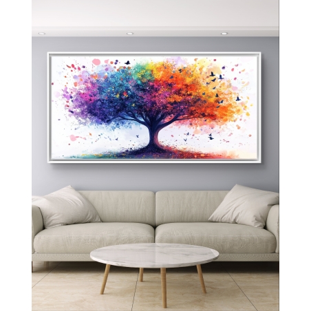 תמונת קנבס המציגה עץ צבעוני עם ציפורים מעופפות, לעיצוב בית מלא חיים וצבע.