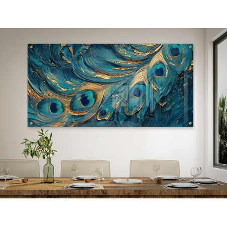 תמונת זכוכית לרוחב בגווני טורקיז וזהב בהשראת נוצות טווס, עיצוב מודרני ויוקרתי לקיר – NEXTGEN BY BAR