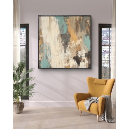 תמונת קנבס מרובעת בעיצוב אבסטרקטי בגוונים של טורקיז, בז' ושחור, המשלבת אלגנטיות מודרנית ומתאימה להוספת נגיעה עיצובית לחלל.