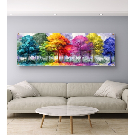 תמונת זכוכית פנורמית עם עצים צבעוניים בגוונים מרהיבים בעיצוב אמנותי ומודרני
