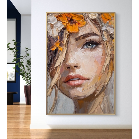 תמונת קנבס אומנותית המציגה דיוקן אישה עם פרחים בגווני כתום ולבן, בעיצוב מודרני ובמרקם תלת-ממדי המוסיף יופי ואלגנטיות לחלל הבית.