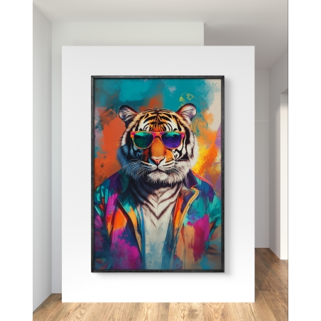 תמונת קנבס מרהיבה של נמר בצבעים עזים עם משקפי שמש וחליפה צבעונית, מושלמת לעיצוב נועז ומלא חיים.