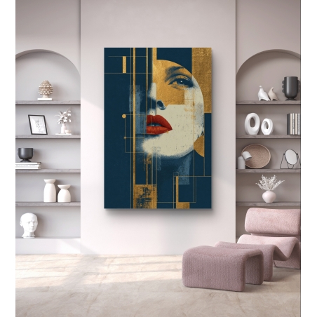 תמונת קנבס אמנותית של פני אישה בגווני כחול וזהב עם שפתיים אדומות, בעיצוב מודרני מבית תכשיט לבית
