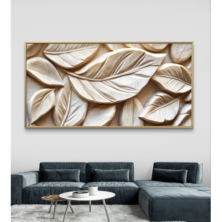 תמונת קנבס לרוחב עם עלים תלת-ממדיים בגווני עץ בהיר, תלויה מעל ספה בגוון בז' באזור סלון מעוצב.