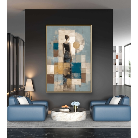 תמונת קנבס של דמות נשית בגב לצופה עם קומפוזיציה גאומטרית בגווני תכלת, קרם וחום בהדפסה חלקה