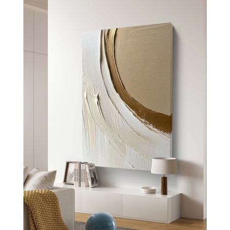 תמונת קנבס בעיצוב מעגלי מופשט בגווני זהב, קרם ולבן, עם מרקם עדין שמתאים להוספת טאץ' מודרני ויוקרתי לכל חדר בבית.