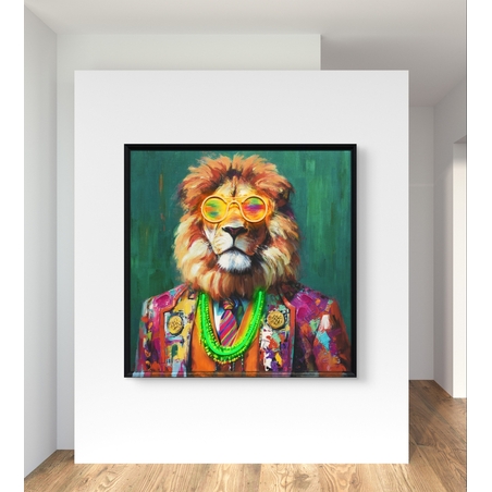 תמונת LED אריה צבעוני עם משקפיים ושרשרת ניאון – מופעלת על סוללות עם שלט רחוק - מידה 83*83 ס