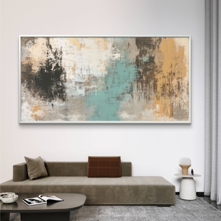 תמונת קנבס מודרנית בעיצוב אבסטרקטי בגווני כחול, בז' ושחור, מתאימה לסלון או למשרד ומוסיפה אלמנט אמנותי וייחודי לחלל.
