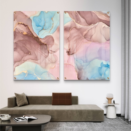 זוג תמונות זכוכית מופשטות בגווני ורוד, תכלת, סגול ונגיעות זהב מתוך קולקציית תכשיט לבית