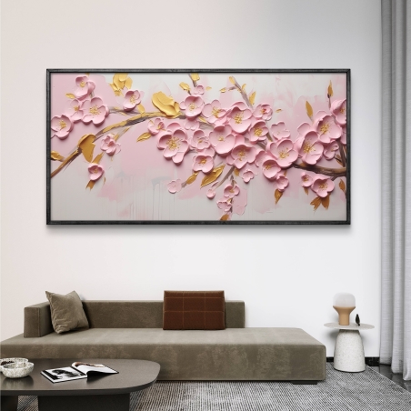 תמונת קנבס ורודה של ענף פריחה בגווני ורוד וזהב בעיצוב אלגנטי מבית תכשיט לבית