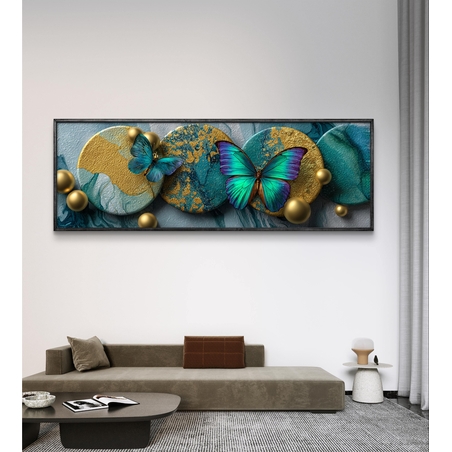 תמונת קנבס פנורמית עם פרפרים בגווני טורקיז וזהב בהדפסה חלקה – תכשיט לבית