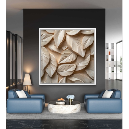 תמונת קנבס מרובעת עם עיצוב תלת־ממדי של עלים בגווני עץ טבעי, באווירה חמימה ונקייה.