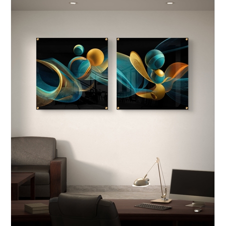 זוג תמונות זכוכית מרובעות בעיצוב אבסטרקטי עם קווים זורמים וכדורים בגווני טורקיז וזהב על רקע כהה.